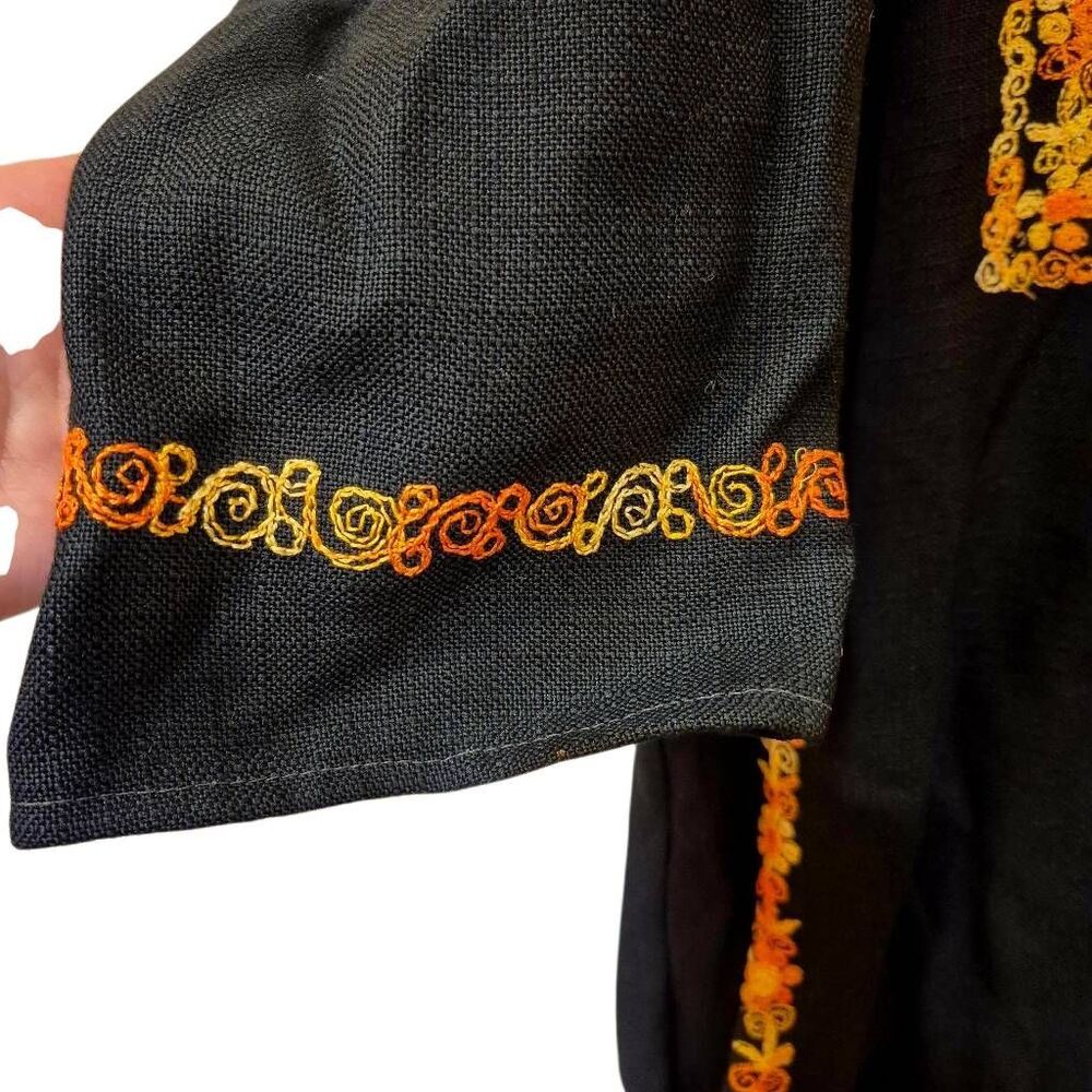 Caftan, Black w Gold & Orange Embroidery Cotton/Poly Textured Tunic Dress NEW w - Picture 5 of 12
